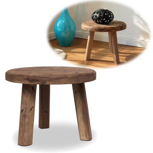 KI-generiertes Bild Vintage Holz Fußhocker Braun 30cm Rund Recycelt Tritthocker Schemel Fußbank