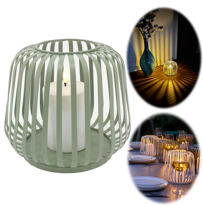 KI-generiertes Bild Solar Outdoor LED Windlicht Lampe Grün 20cm Stumpenkerze Timer Metall Kunststoff
