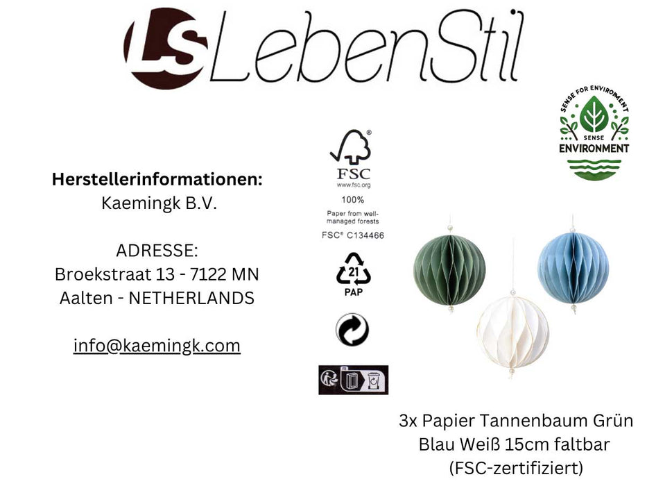 KI-generiertes Bild,3x XL Papier Wabenball Grün Blau Weiß 15cm Deko-Anhänger Weihnachten Baumschmuck