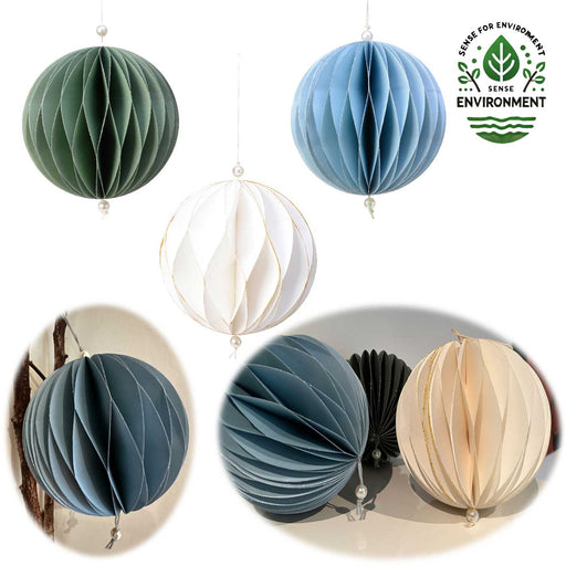 KI-generiertes Bild 3x XL Papier Wabenball Grün Blau Weiß 15cm Deko-Anhänger Weihnachten Baumschmuck