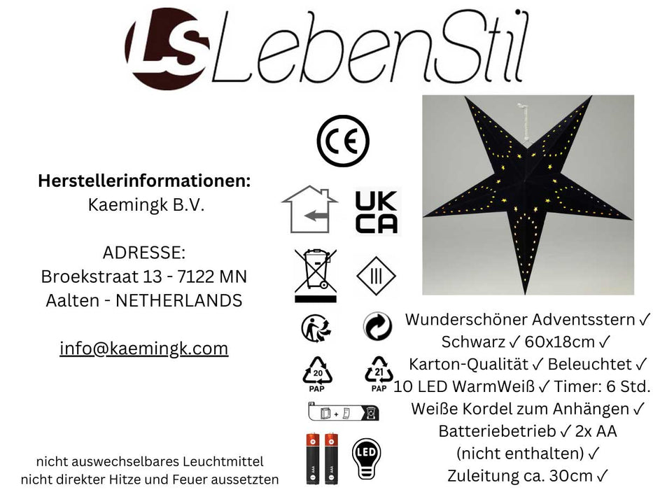 KI-generiertes Bild,3D Leuchtstern Papierstern Ø 60cm Schwarz 10 LED Timer Weihnachtsstern