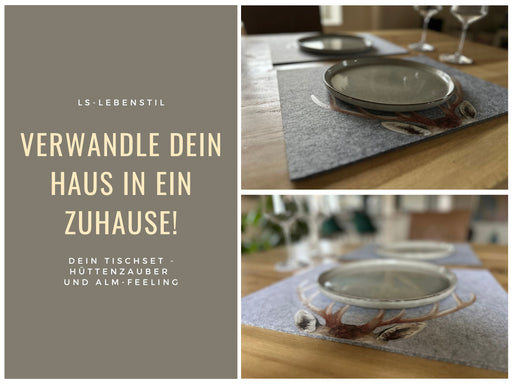 KI-generiertes Bild,2x Filz Tischset Platzset Hirschgeweih Hellgrau 45cm Rechteckig Platzdeckchen Platzmatte