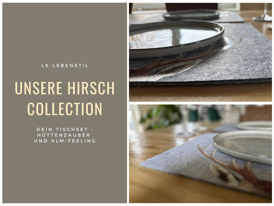 KI-generiertes Bild,2x Filz Tischset Platzset Hirschgeweih Hellgrau 45cm Rechteckig Platzdeckchen Platzmatte