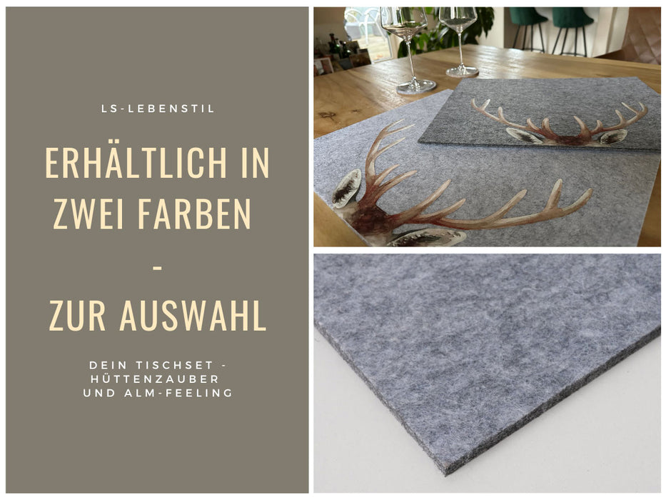 KI-generiertes Bild,2x Filz Tischset Platzset Hirschgeweih Hellgrau 45cm Rechteckig Platzdeckchen Platzmatte