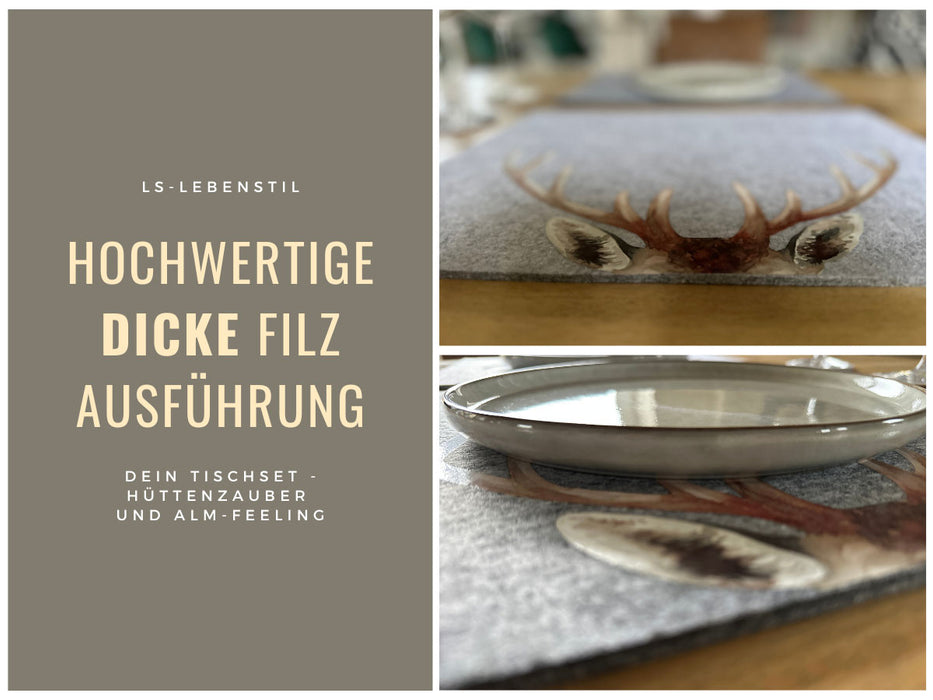 KI-generiertes Bild,2x Filz Tischset Platzset Hirschgeweih Hellgrau 45cm Rechteckig Platzdeckchen Platzmatte