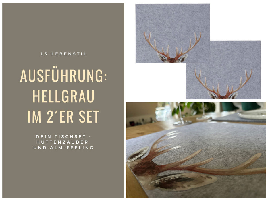 KI-generiertes Bild,2x Filz Tischset Platzset Hirschgeweih Hellgrau 45cm Rechteckig Platzdeckchen Platzmatte
