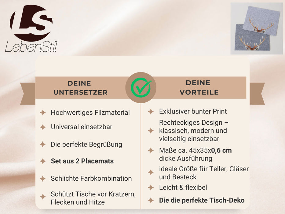 KI-generiertes Bild,2x Filz Tischset Platzset Hirschgeweih Hellgrau 45cm Rechteckig Platzdeckchen Platzmatte