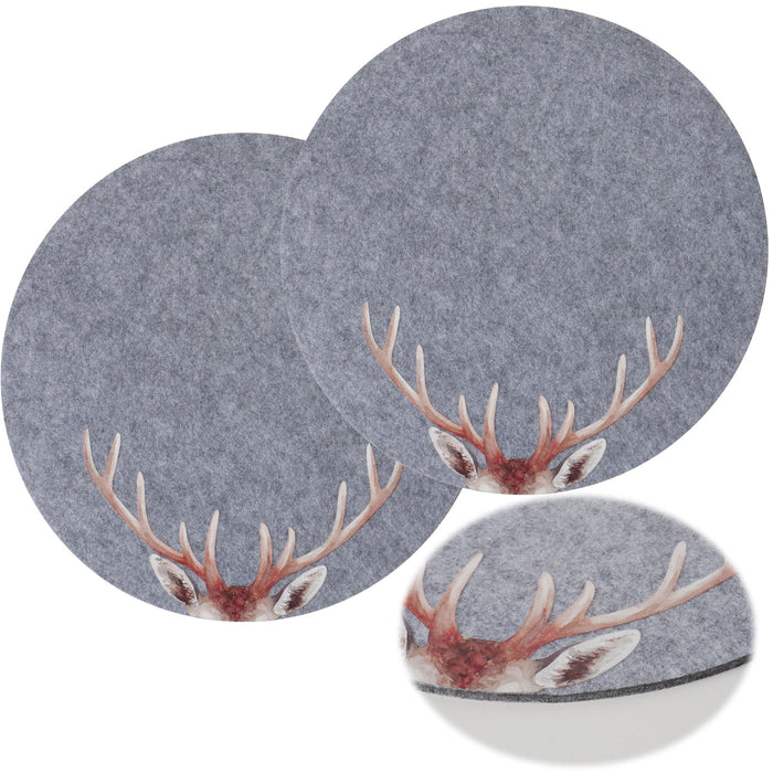 KI-generiertes Bild 2x Filz Tischset Platzset Hirschgeweih Hellgrau 38cm Rund Platzdeckchen Platzmatte
