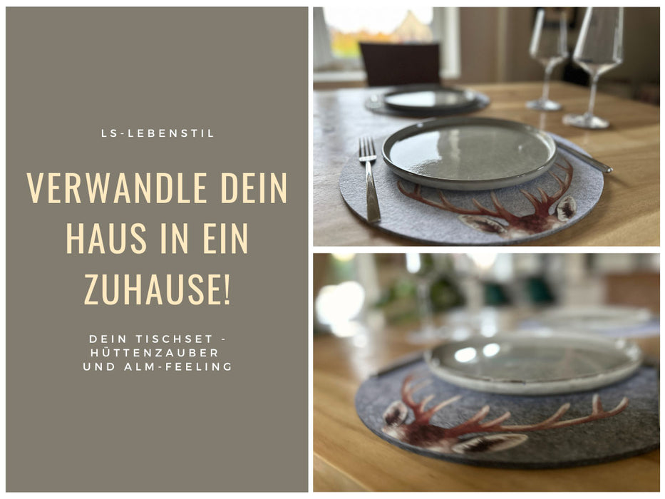 KI-generiertes Bild,2x Filz Tischset Platzset Hirschgeweih Hellgrau 38cm Rund Platzdeckchen Platzmatte