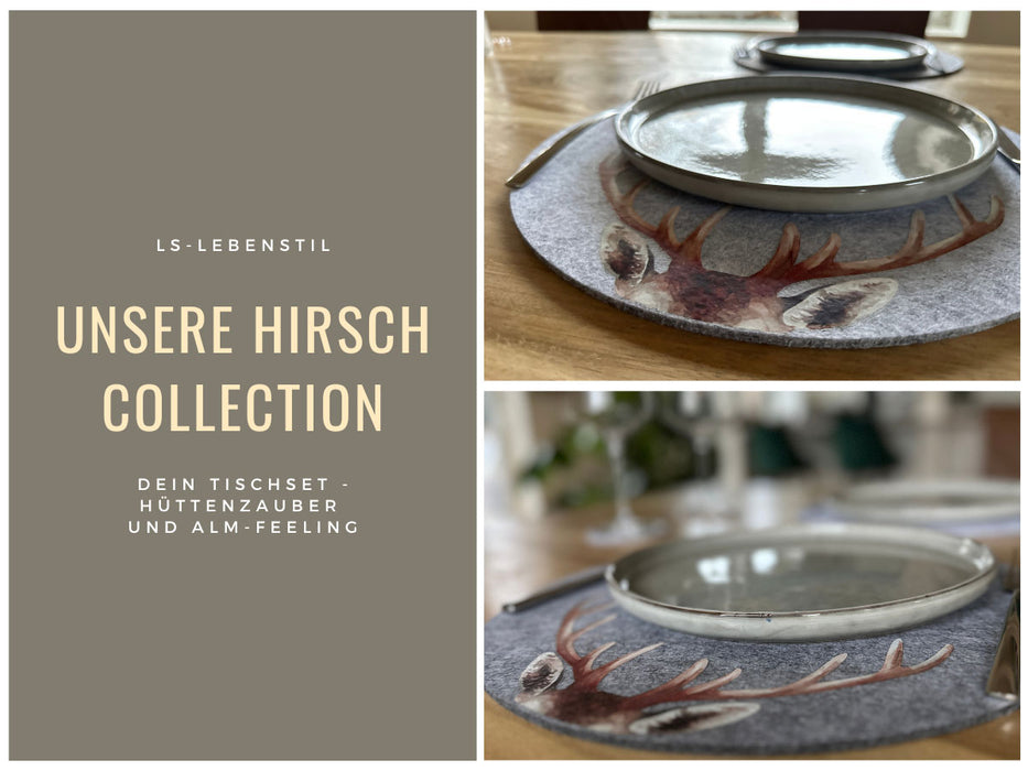 KI-generiertes Bild,2x Filz Tischset Platzset Hirschgeweih Hellgrau 38cm Rund Platzdeckchen Platzmatte