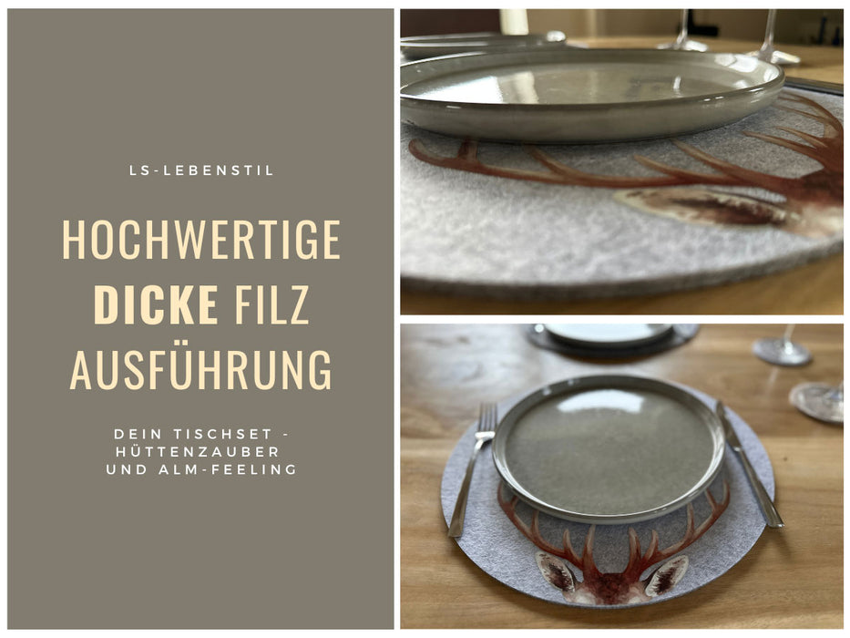 KI-generiertes Bild,2x Filz Tischset Platzset Hirschgeweih Hellgrau 38cm Rund Platzdeckchen Platzmatte