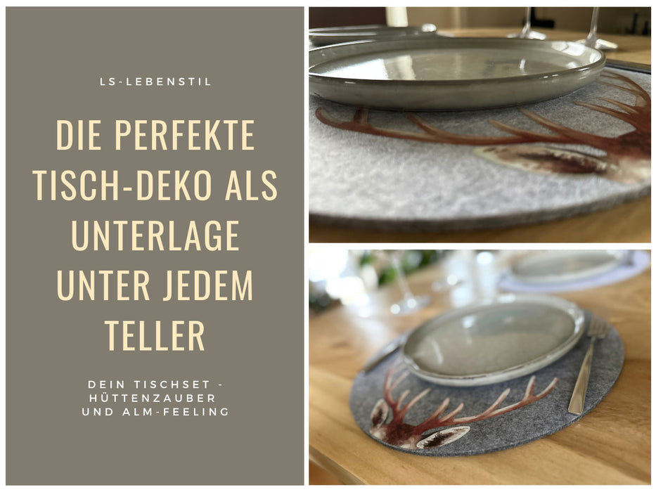 KI-generiertes Bild,2x Filz Tischset Platzset Hirschgeweih Hellgrau 38cm Rund Platzdeckchen Platzmatte