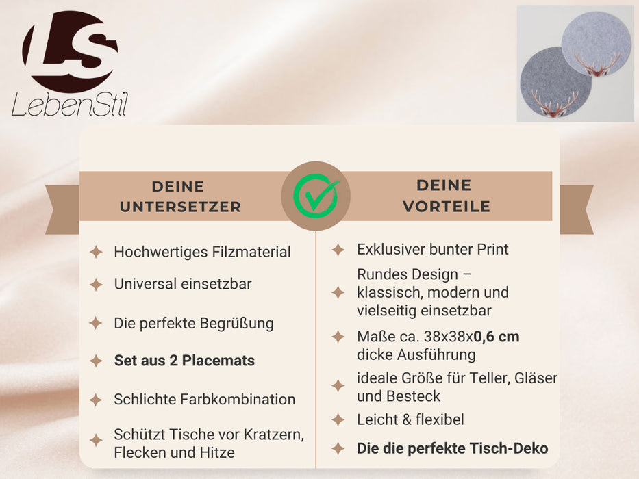 KI-generiertes Bild,2x Filz Tischset Platzset Hirschgeweih Hellgrau 38cm Rund Platzdeckchen Platzmatte