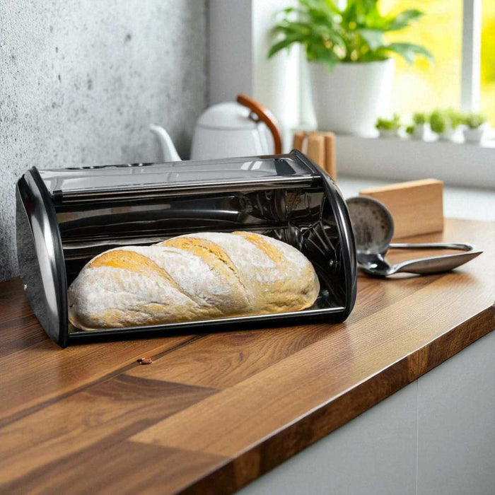 KI-generiertes Bild,Vintage Brotkasten Chrom Silber 34cm Metall Retro Brotbox Aufbewahrungskorb