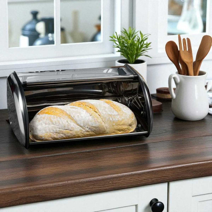 KI-generiertes Bild,Vintage Brotkasten Chrom Silber 34cm Metall Retro Brotbox Aufbewahrungskorb