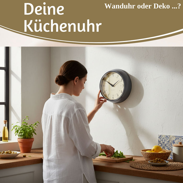 KI-generiertes Bild,Nostalgische Metall Wanduhr Grau 23cm Vintage Küchenuhr Bürouhr Retro Look