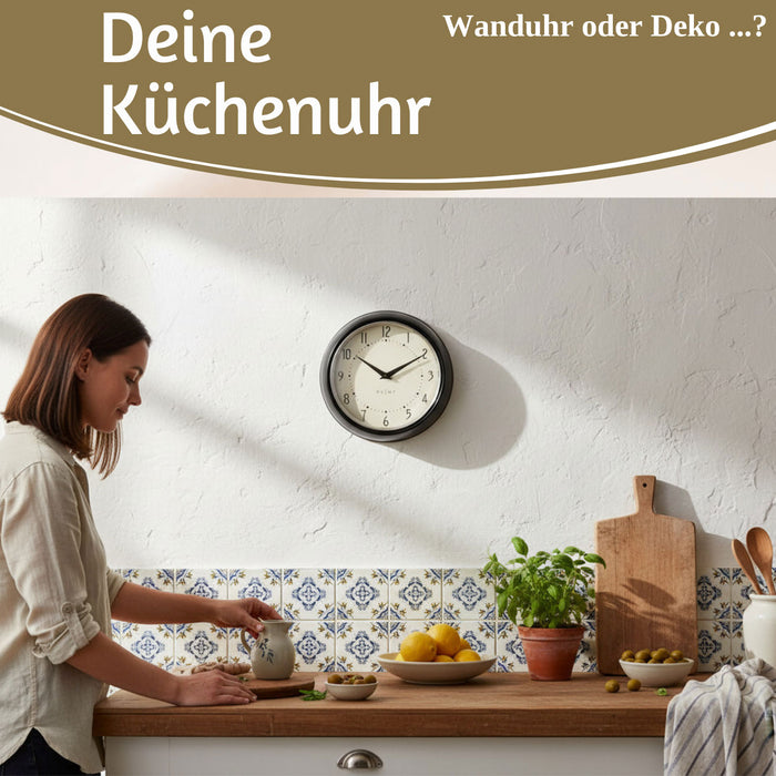 KI-generiertes Bild,Nostalgische Metall Wanduhr Schwarz 23cm Vintage Küchenuhr Bürouhr Retro Look