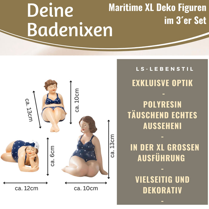 KI-generiertes Bild,Deko Figuren Set 3x Badenixe Figur Molly Maritim Blau Weiß Badeanzug Objekt