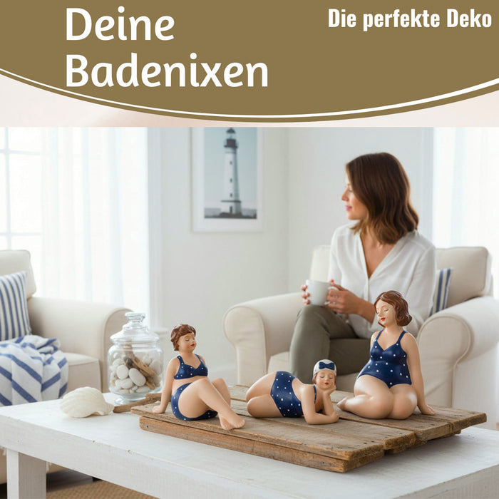 KI-generiertes Bild,Deko Figuren Set 3x Badenixe Figur Molly Maritim Blau Weiß Badeanzug Objekt