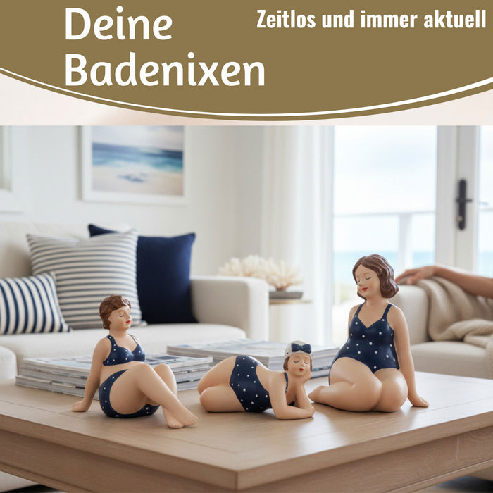 KI-generiertes Bild,Deko Figuren Set 3x Badenixe Figur Molly Maritim Blau Weiß Badeanzug Objekt