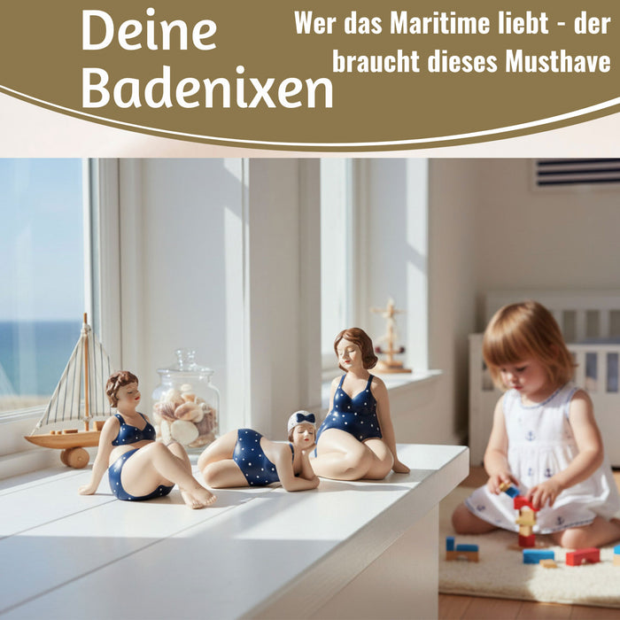 KI-generiertes Bild,Deko Figuren Set 3x Badenixe Figur Molly Maritim Blau Weiß Badeanzug Objekt
