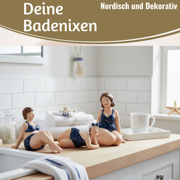 KI-generiertes Bild,Deko Figuren Set 3x Badenixe Figur Molly Maritim Blau Weiß Badeanzug Objekt