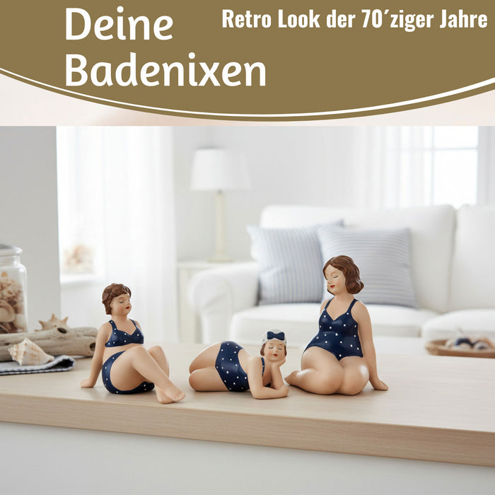 KI-generiertes Bild,Deko Figuren Set 3x Badenixe Figur Molly Maritim Blau Weiß Badeanzug Objekt