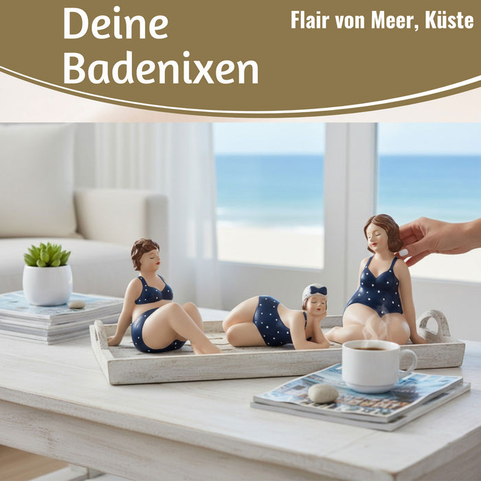 KI-generiertes Bild,Deko Figuren Set 3x Badenixe Figur Molly Maritim Blau Weiß Badeanzug Objekt