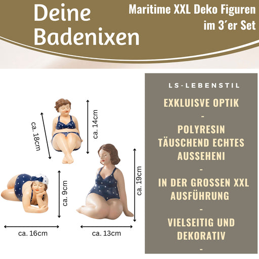 KI-generiertes Bild,Deko Figuren Set 3x Badenixe XL Figur Molly Maritim Blau Weiß Badeanzug Objekt