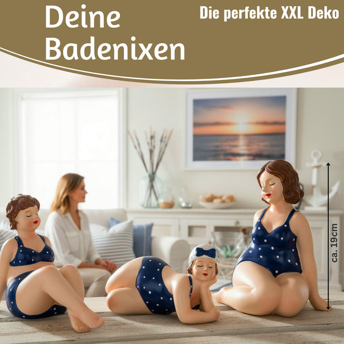 KI-generiertes Bild,Deko Figuren Set 3x Badenixe XL Figur Molly Maritim Blau Weiß Badeanzug Objekt