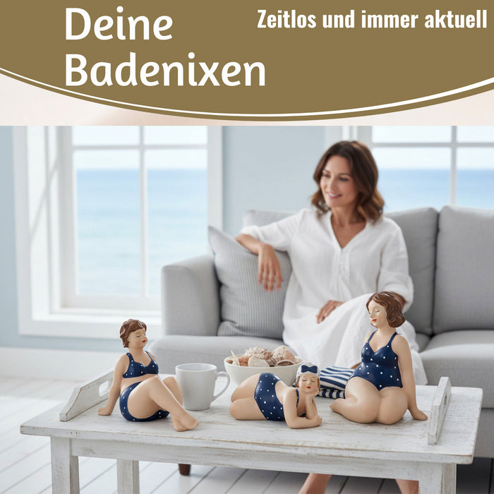 KI-generiertes Bild,Deko Figuren Set 3x Badenixe XL Figur Molly Maritim Blau Weiß Badeanzug Objekt