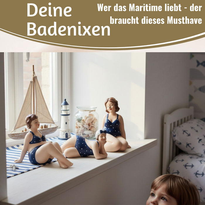KI-generiertes Bild,Deko Figuren Set 3x Badenixe XL Figur Molly Maritim Blau Weiß Badeanzug Objekt