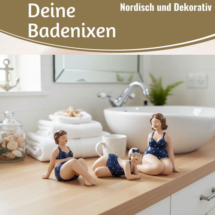 KI-generiertes Bild,Deko Figuren Set 3x Badenixe XL Figur Molly Maritim Blau Weiß Badeanzug Objekt