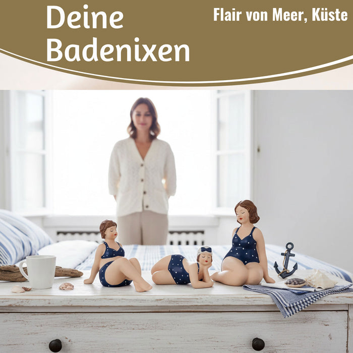 KI-generiertes Bild,Deko Figuren Set 3x Badenixe XL Figur Molly Maritim Blau Weiß Badeanzug Objekt