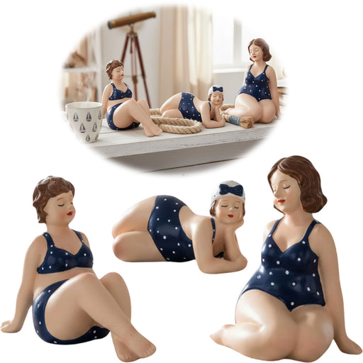 KI-generiertes Bild Deko Figuren Set 3x Badenixe XL Figur Molly Maritim Blau Weiß Badeanzug Objekt
