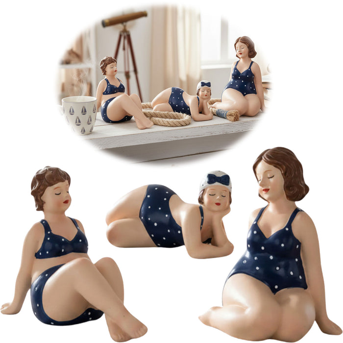 KI-generiertes Bild Deko Figuren Set 3x Badenixe XL Figur Molly Maritim Blau Weiß Badeanzug Objekt