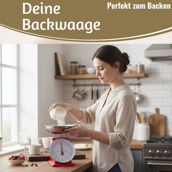 KI-generiertes Bild,Vintage Küchenwaage Retro Rot Manuelle Backwaage großes Ziffernblatt 1L Schüssel