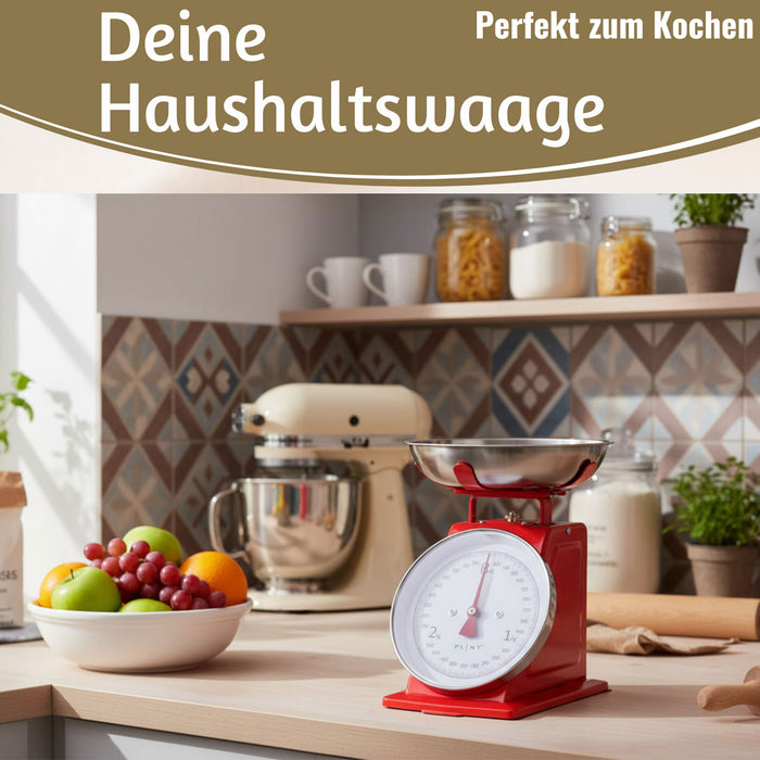 KI-generiertes Bild,Vintage Küchenwaage Retro Rot Manuelle Backwaage großes Ziffernblatt 1L Schüssel