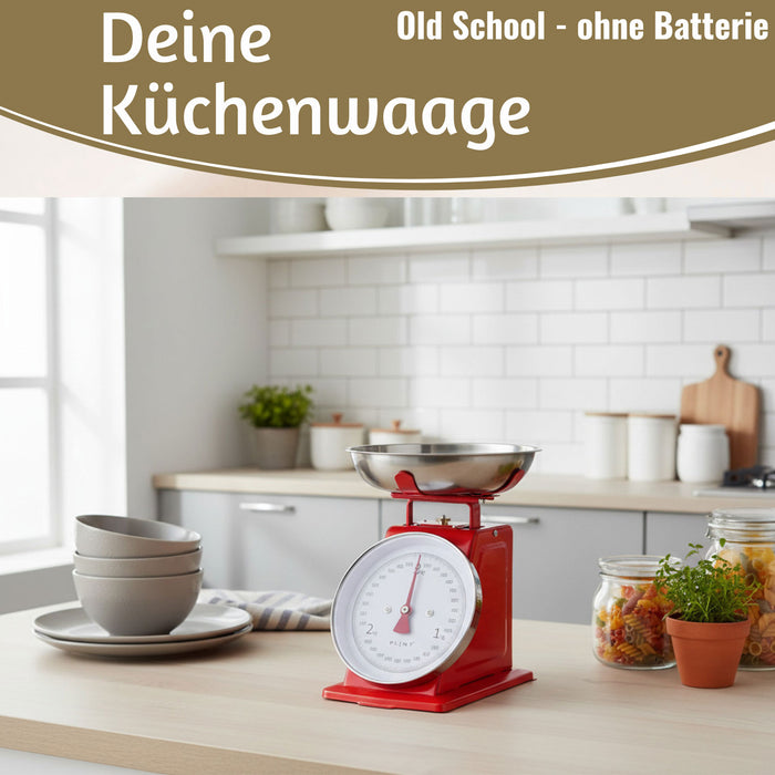 KI-generiertes Bild,Vintage Küchenwaage Retro Rot Manuelle Backwaage großes Ziffernblatt 1L Schüssel