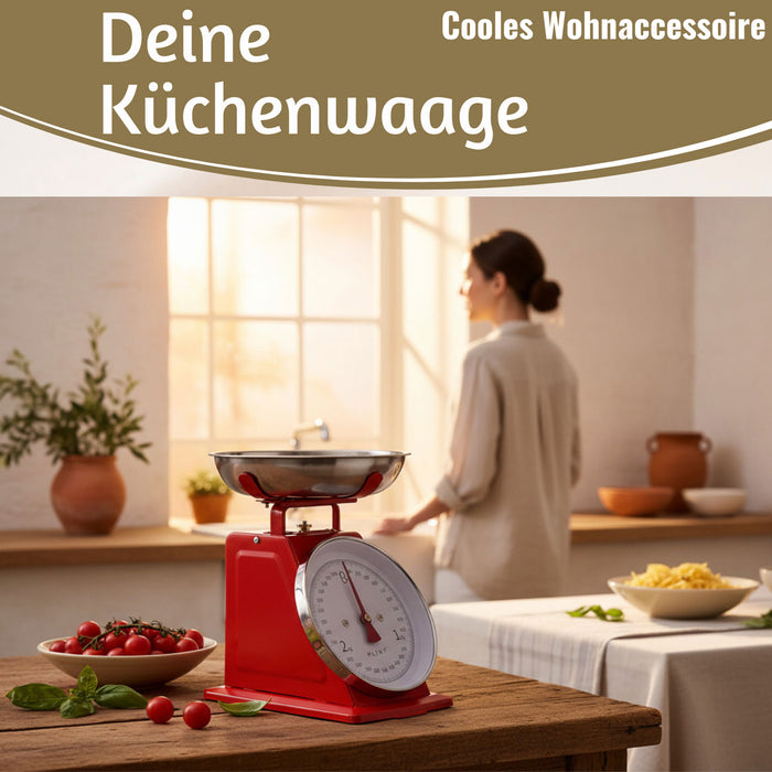 KI-generiertes Bild,Vintage Küchenwaage Retro Rot Manuelle Backwaage großes Ziffernblatt 1L Schüssel