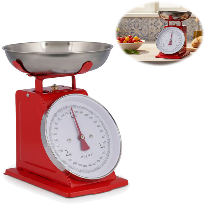 KI-generiertes Bild Vintage Küchenwaage Retro Rot Manuelle Backwaage großes Ziffernblatt 1L Schüssel