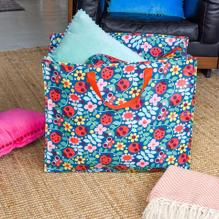 KI-generiertes Bild,XXL Jumbo Bag Blumen Marienkäfer 55cm Aufbewahrungstasche Einkaufstasche