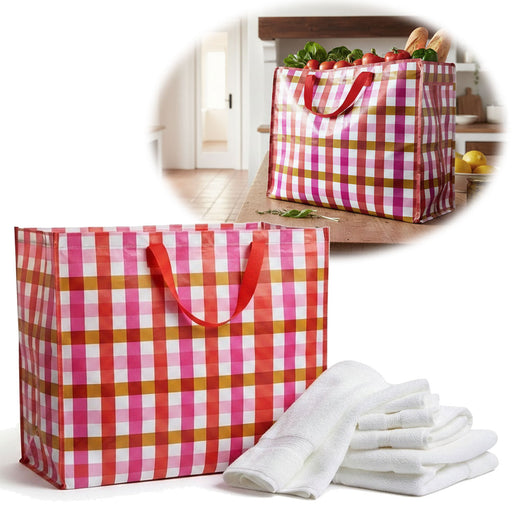 KI-generiertes Bild XXL Jumbo Bag Karo Rosa Gelb Rot 55cm Kunststoff Aufbewahrungstasche Einkaufstasche