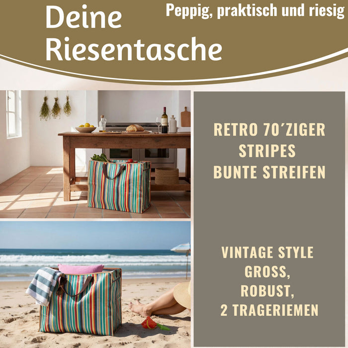 KI-generiertes Bild,XXL Jumbo Bag Retro 70´ziger Steifen 55cm Aufbewahrungstasche Einkaufstasche