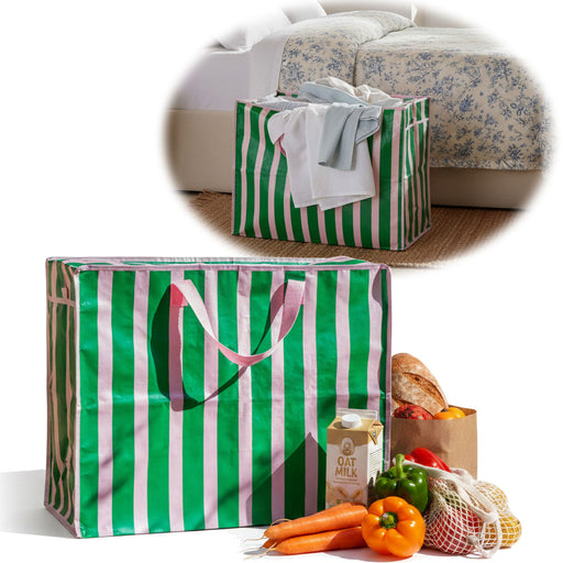 KI-generiertes Bild XXL Jumbo Bag Rosa Grün Gestreift 55cm Kunststoff Aufbewahrungstasche Einkaufstasche