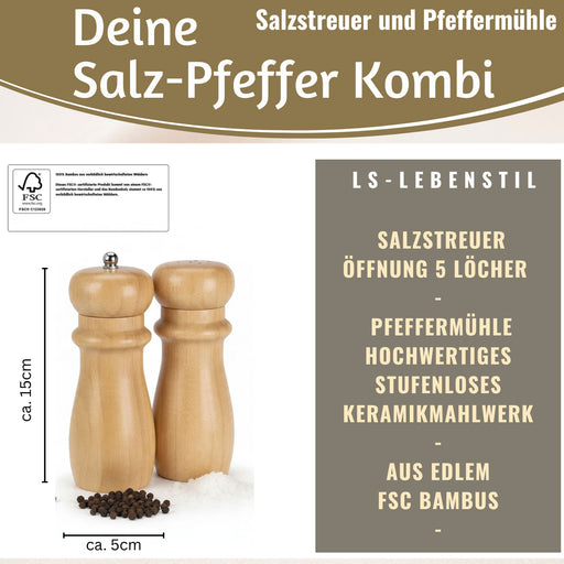 KI-generiertes Bild,Holz Salzstreuer & Pfeffermühle FSC Bambus 16,4cm Keramikmahlwerk Gewürzmühle