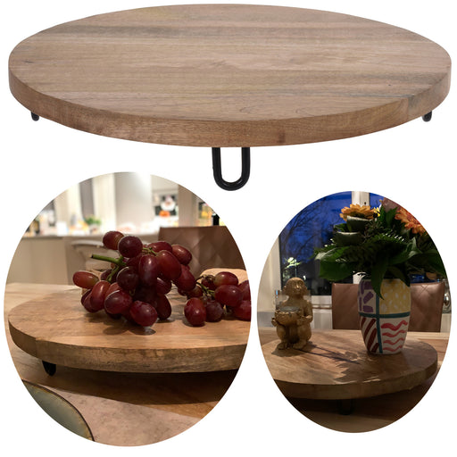 KI-generiertes Bild Mango Holz Serviertablett 30cm Rund Massiv 4 Füße Rund Servierbrett Schneidebrett