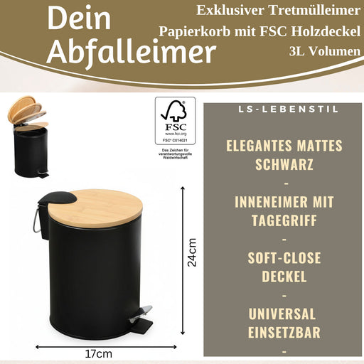 KI-generiertes Bild,Tretmülleimer Papierkorb 3L Schwarz Soft Close Rund Kosmetikeimer Fußpedal Mülleimer