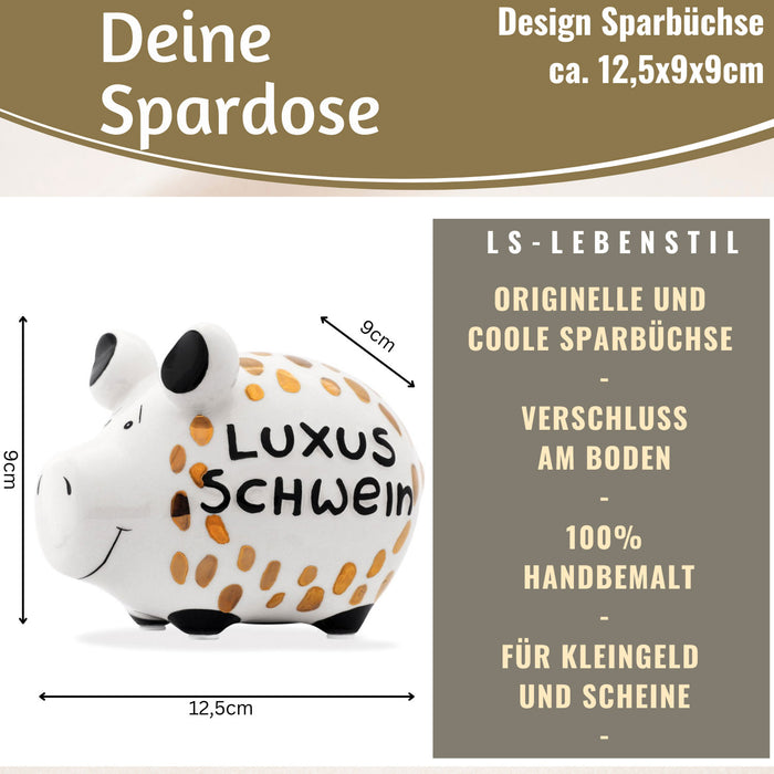 KI-generiertes Bild,Keramik Sparschwein Spruch Luxus Schwein Weiß Gold Spardose Sparbüchse