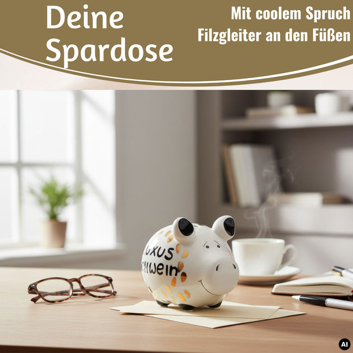KI-generiertes Bild,Keramik Sparschwein Spruch Luxus Schwein Weiß Gold Spardose Sparbüchse
